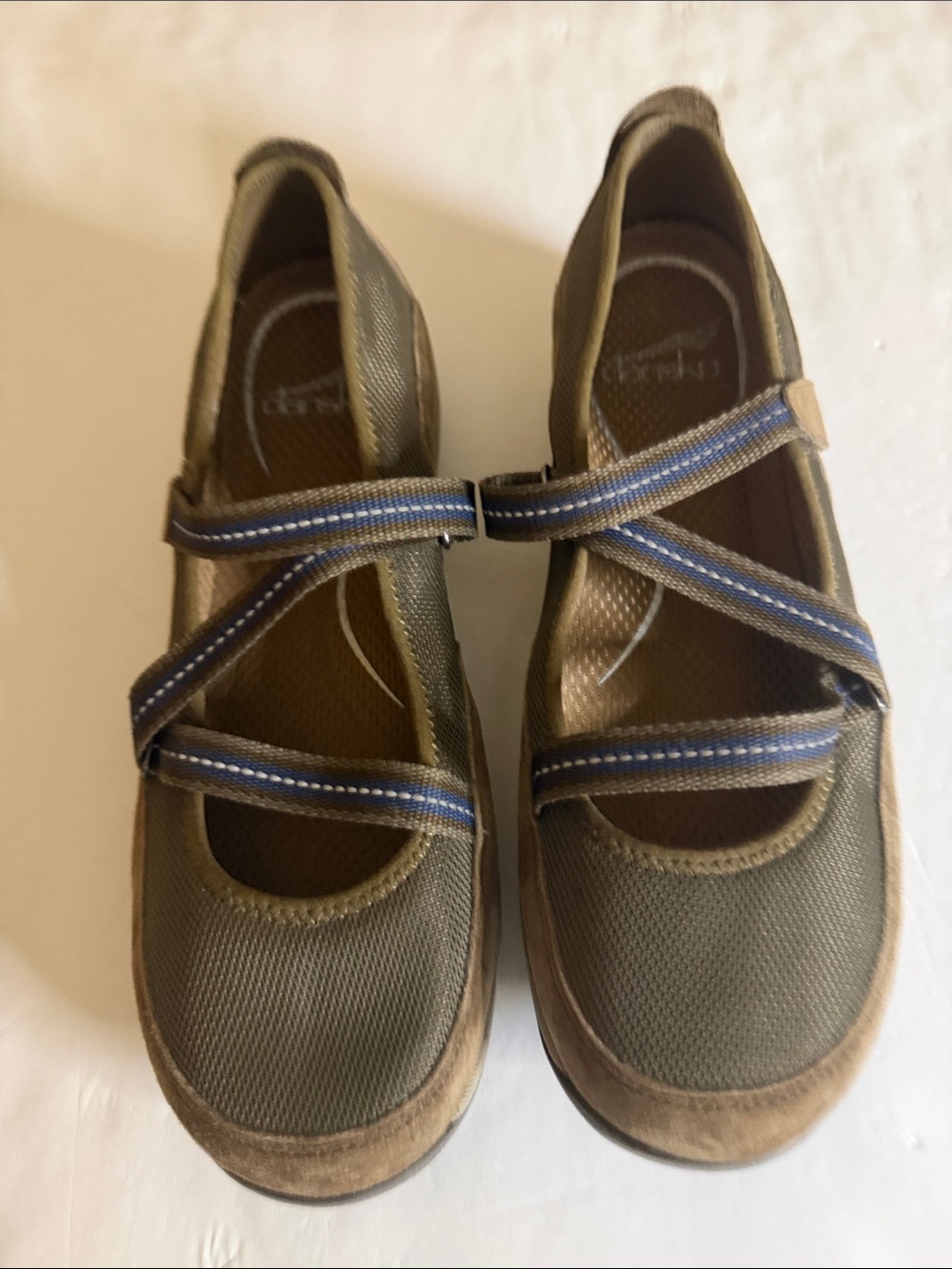 Dansko Olive Green Mary Jane fabric and suede criss cross straps